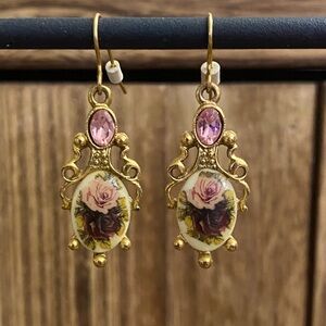 1928 Vintage Jewelry Manor House Rose GoldTone Pink Crystal Flower Drop Earrings